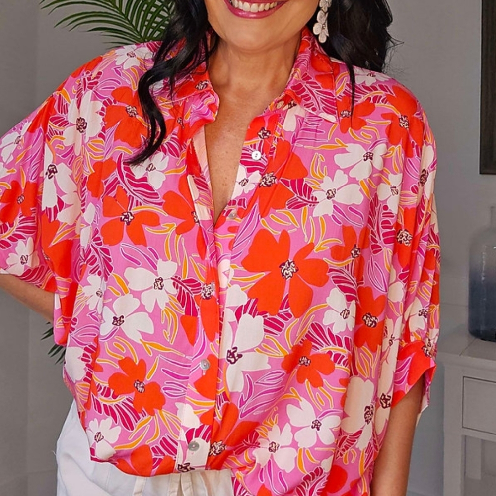 NWT Entro Floral Dolman Sleeve Button Front Blouse Size S/M